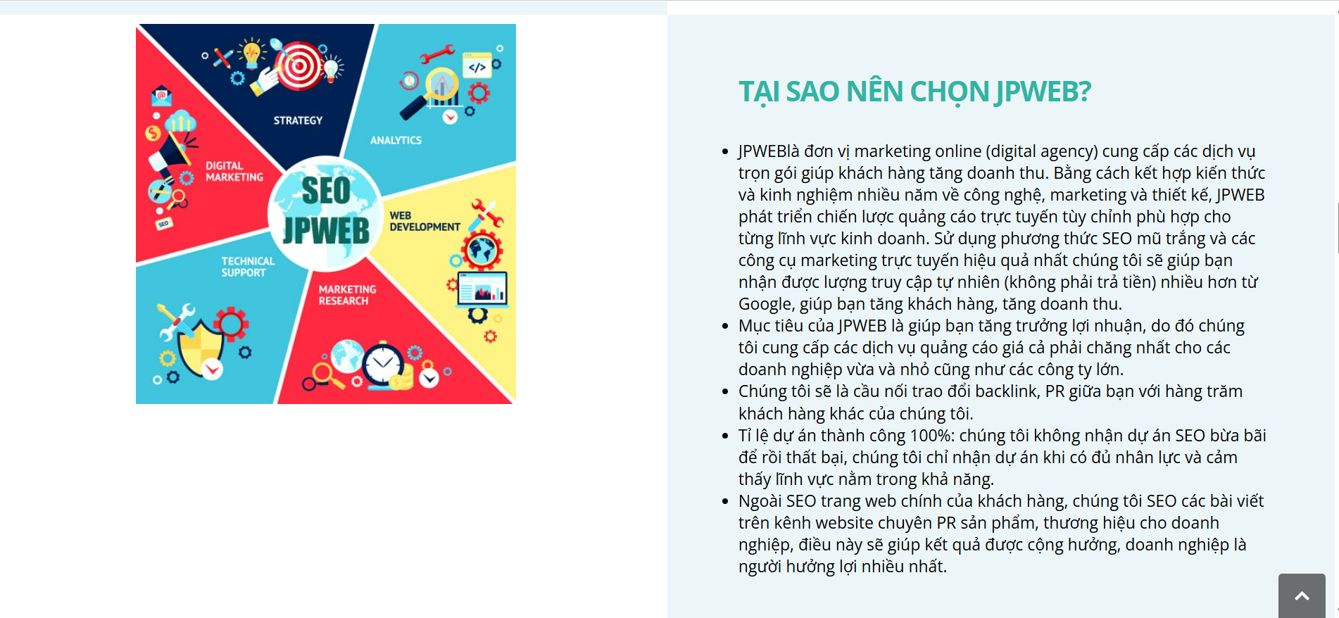 Thế mạnh của JPWEB là khả năng triển khai đồng bộ cả hai dịch vụ thiết kế website và SEO tại thị trường phía Nam.